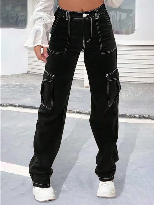Damen Cargo-Hose mit weitem Bein, hoher Taille und Utility-Taschen Nord Taschen