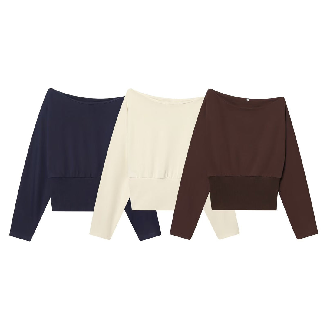 Damen Oversize Off-Shoulder Cropped-Pullover mit Fledermausärmeln und breitem Rippbündchen Nord Taschen