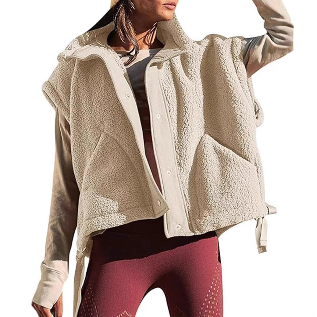 Damen Übergroße Teddyfleece-Weste mit Kapuze und Druckknöpfen Nord Taschen