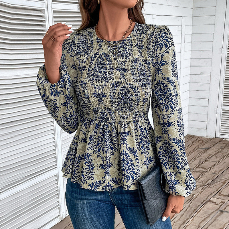 Damen Smock-Bluse mit Raffung, Ballonärmeln und Ornament-Print Nord Taschen