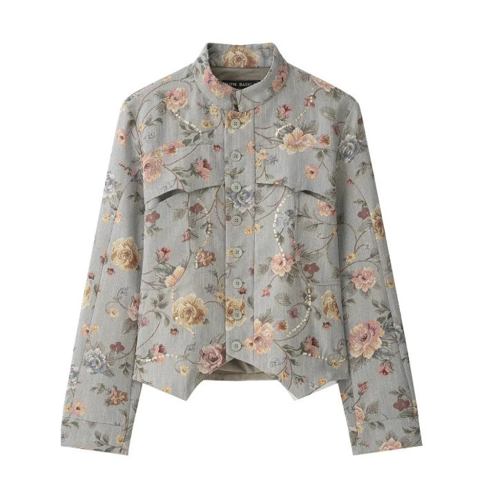 Damen Kurze Jacquard‑Blousonjacke mit Stehkragen, floraler Jacquard‑Stickerei und Pattentaschen Nord Taschen