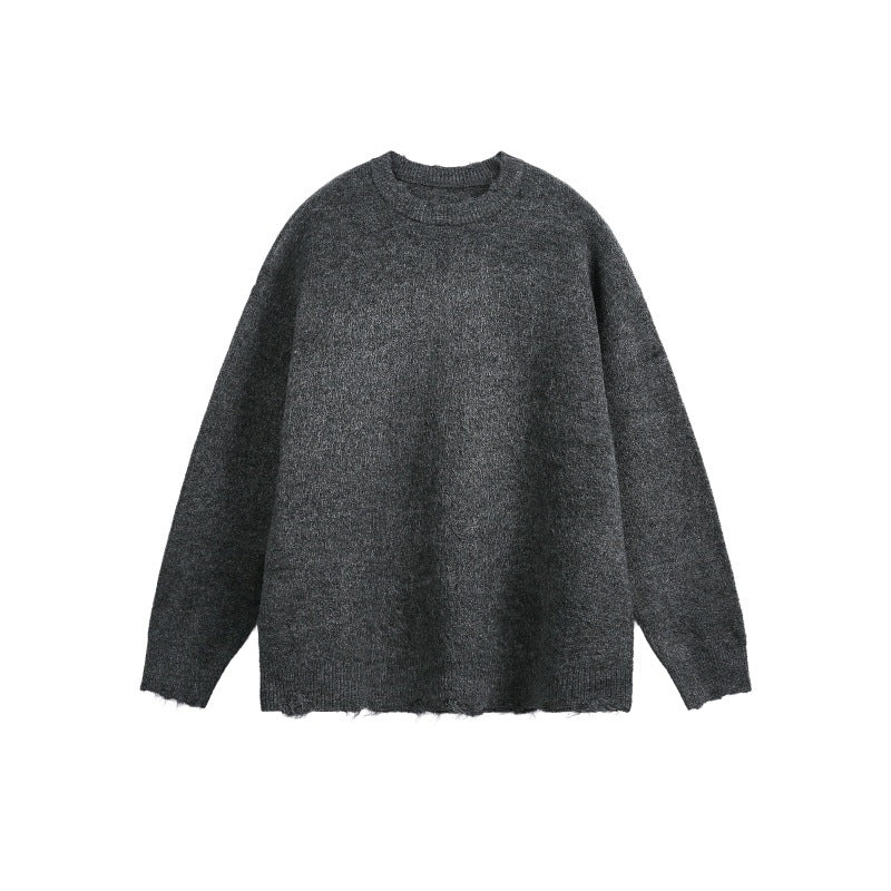 Unisex Oversize Grobstrickpullover mit Rundhalsausschnitt und ausgefranstem Saum Nord Taschen