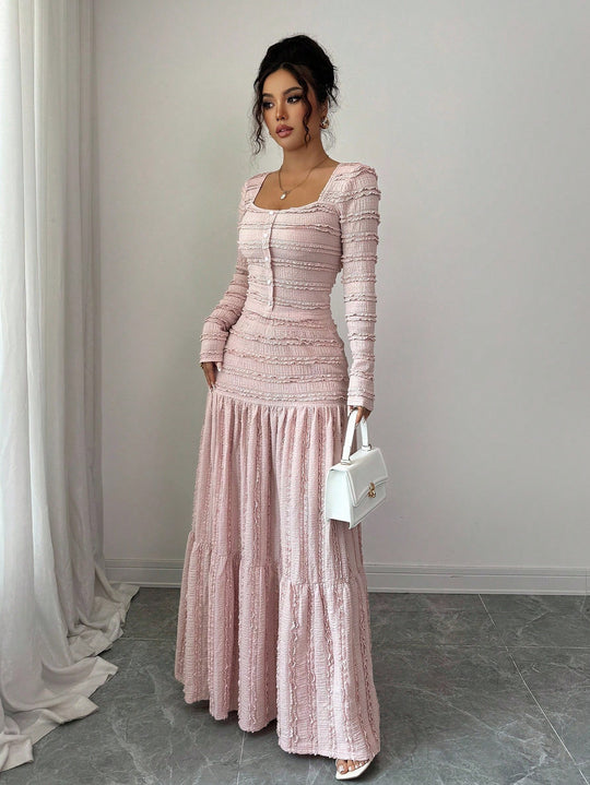 Damen Figurbetontes Rüschen‑Maxikleid mit Quadrat-Ausschnitt und Knopfleiste Nord Taschen