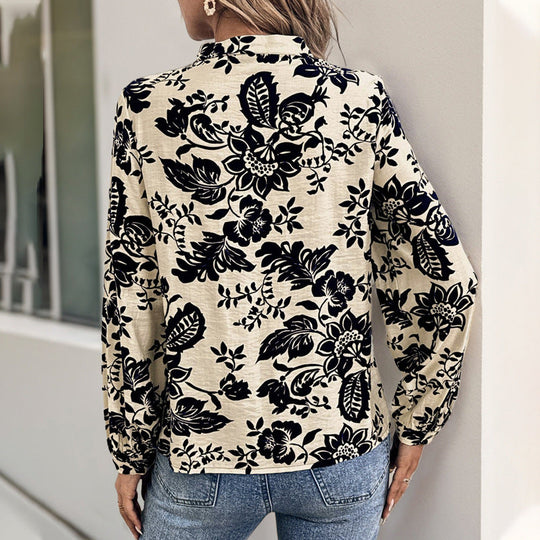 Damen Florale Viskose-Bluse mit Stehkragen, Kellerfalten und verdeckter Knopfleiste Nord Taschen