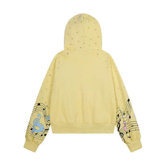 Damen Kapuzen-Sweatjacke mit Front-Reißverschluss, musikalischem Print und Sternchen-Design Nord Taschen