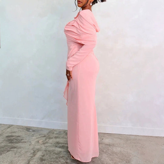 Damen Elegantes Maxi-Kleid mit drapierter Schultergestaltung und langem Arm Nord Taschen