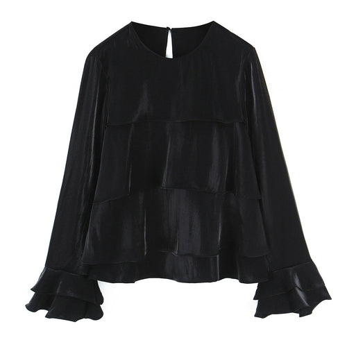 Damen Volantbluse aus Satin mit Stufenrüschen und Glockenärmeln Nord Taschen
