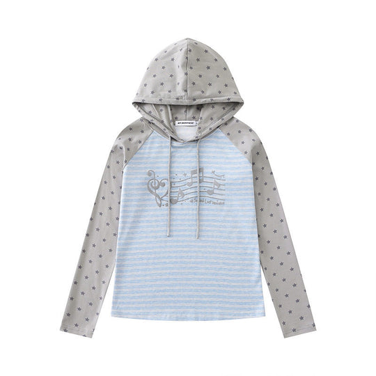 Damen Kapuzen-Langarmshirt im Raglanstil mit Sternärmeln und Noten-Print Nord Taschen