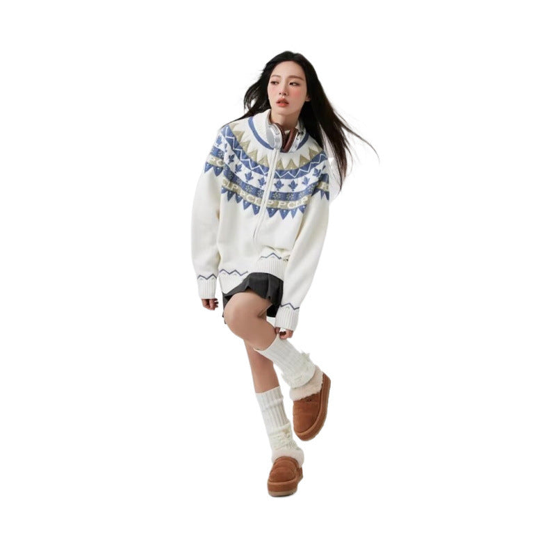 Damen Lässige Strick-Zipjacke mit Jacquard-Yoke und Rippbündchen Nord Taschen