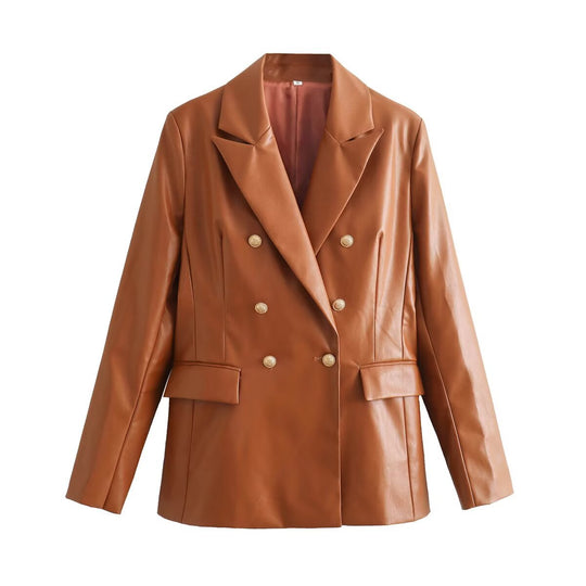 Damen Doppelreihiger Kunstleder-Blazer mit goldfarbenen Zierknöpfen und Pattentaschen Nord Taschen