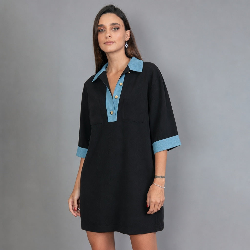 Damen oversized Polo-Tunika mit Kontrastkragen und aufgesetzten Brusttaschen Nord Taschen