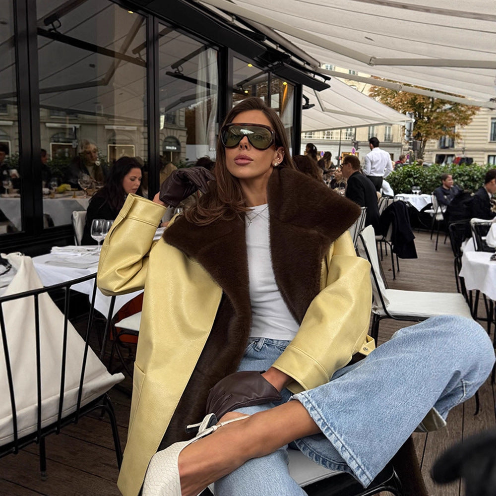 Damen Eleganter Oversize-Mantel aus Veloursleder‑Optik mit voluminösem Faux‑Fur‑Schalkragen Nord Taschen