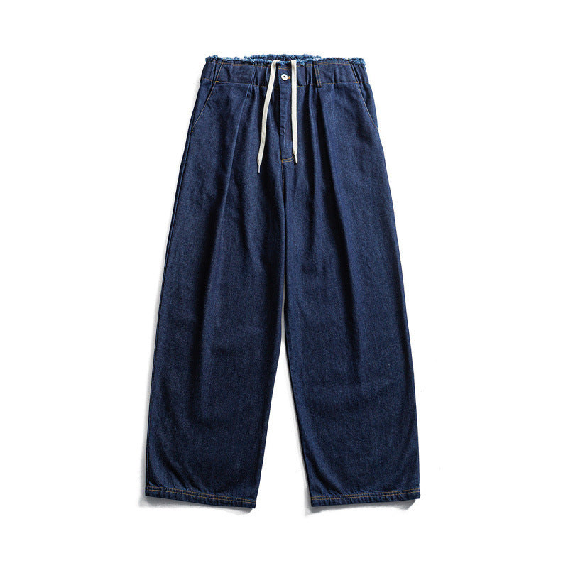 Unisex Weite Denim‑Hose mit elastischem Bund, Kordelzug und Plissee‑Falten Nord Taschen