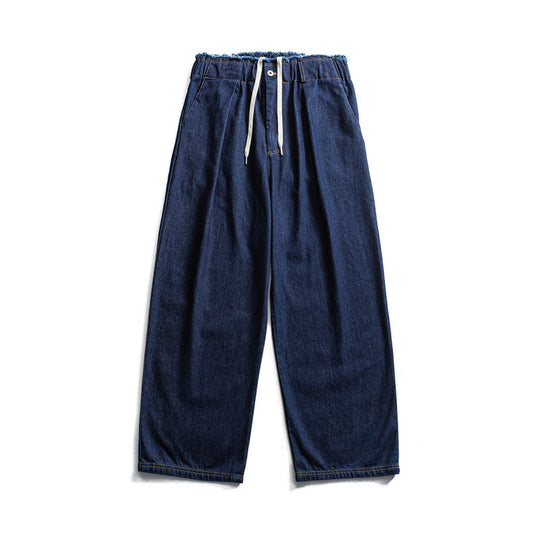 Unisex Weite Denim‑Hose mit elastischem Bund, Kordelzug und Plissee‑Falten Nord Taschen