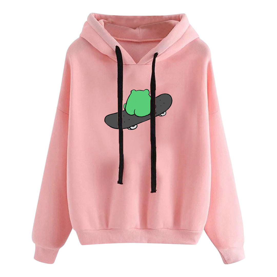 Damen nan kurz geschnittener Cropped-Kapuzenpullover mit niedlicher Frosch-Illustration und verstellbarer Kapuze Nord Taschen