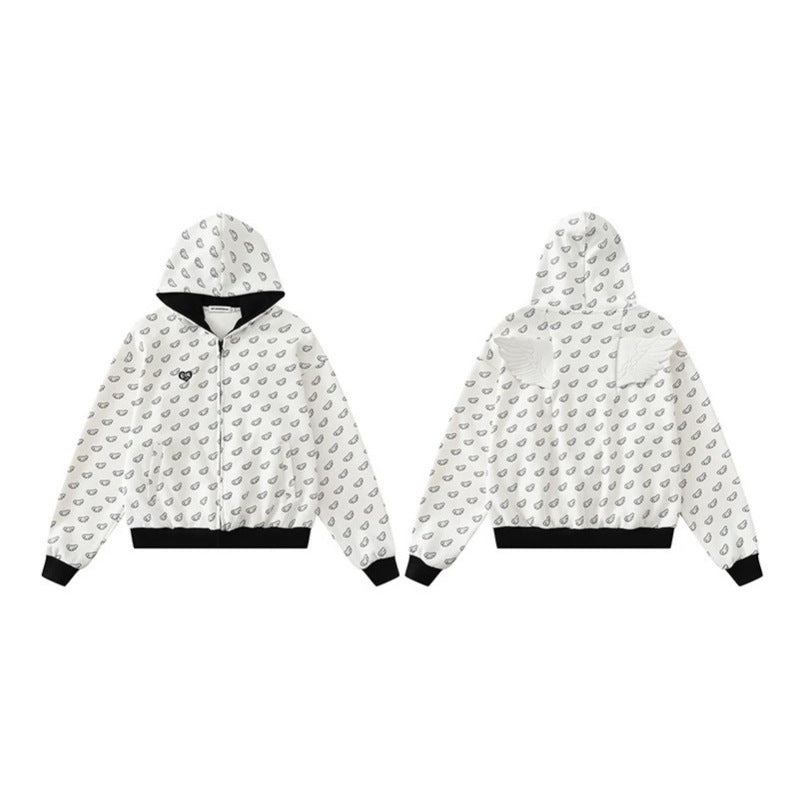 Damen Kapuzensweatjacke mit Allover‑Flügelmotiv, durchgehendem Reißverschluss und kontrastierenden Bündchen Nord Taschen