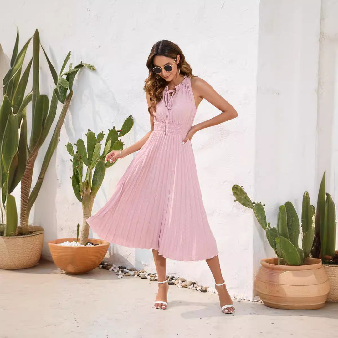 Damen Plissiertes Midikleid mit elegantem Schlitz und verstellbarem Kragen Nord Taschen