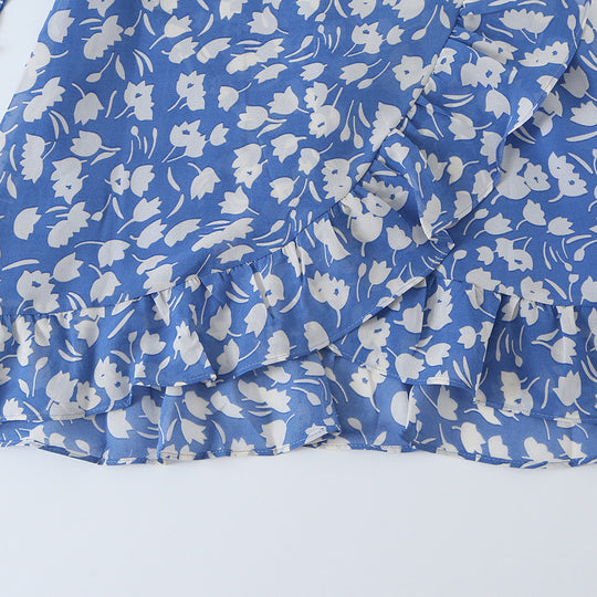 Damen Florales Chiffon-Wickelkleid mit Schultervolants und Taillengürtel Nord Taschen