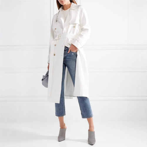 Damen Midilanger Einreihiger Trenchcoat mit Sturmlasche und verstellbaren Manschetten Nord Taschen