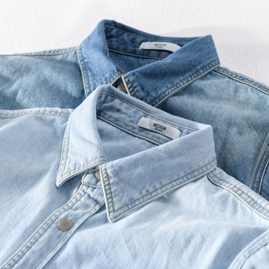 Herren Vintage-Jeanshemdjacke im Overshirt-Look mit Druckknöpfen und Kontrastnähten Nord Taschen