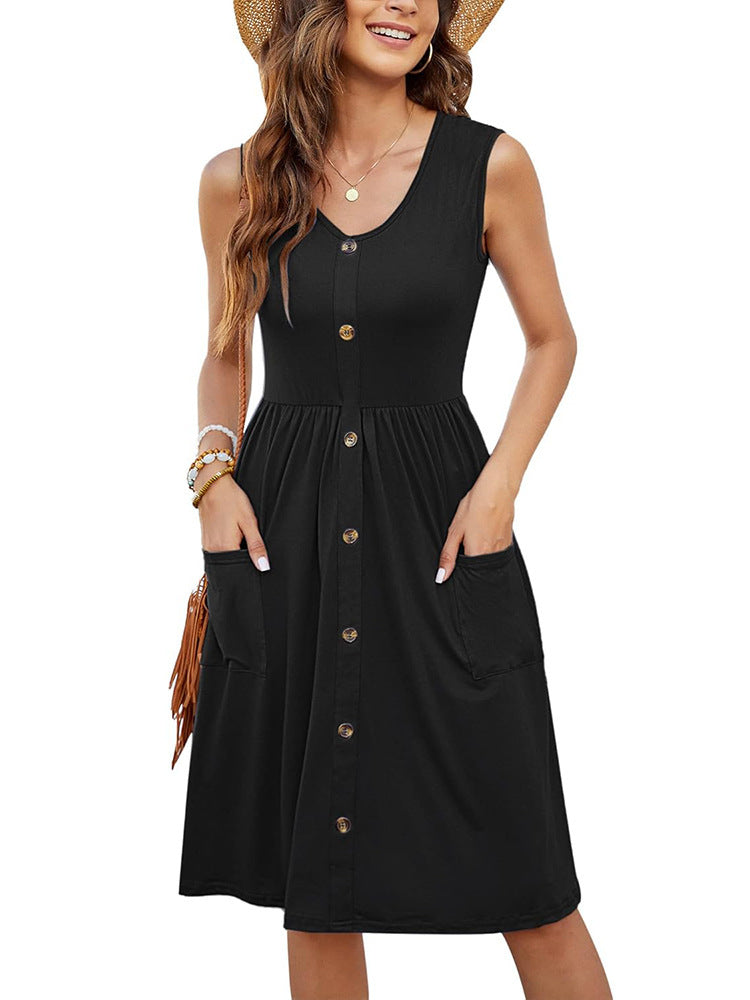 Damen Knielanges Sommerkleid mit Knopfdetails und praktischen Taschen
