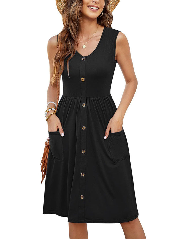 Damen Knielanges Sommerkleid mit Knopfdetails und praktischen Taschen