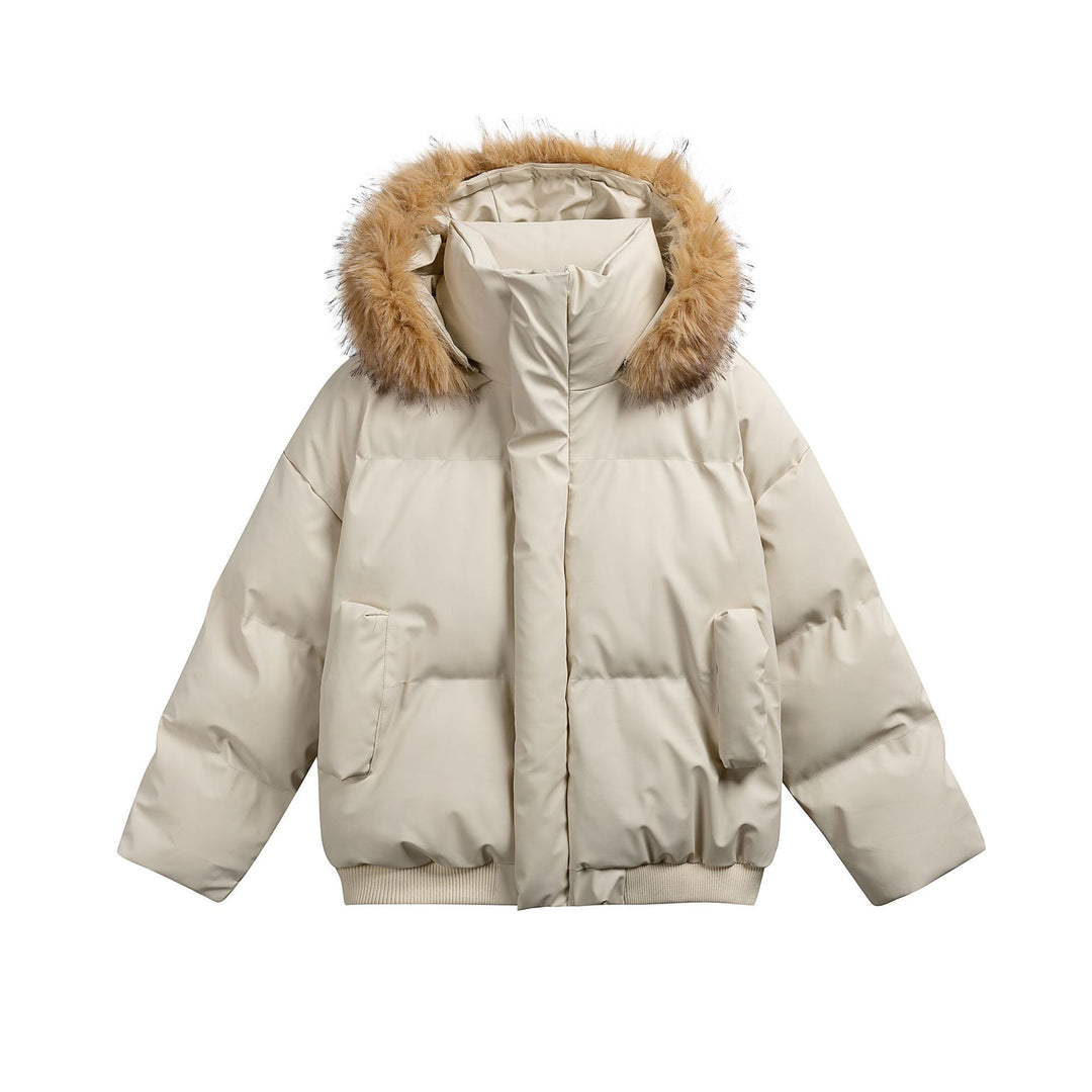 Damen Wattierte Kurzsteppjacke mit Kunstfellkapuze und geripptem Saum Nord Taschen