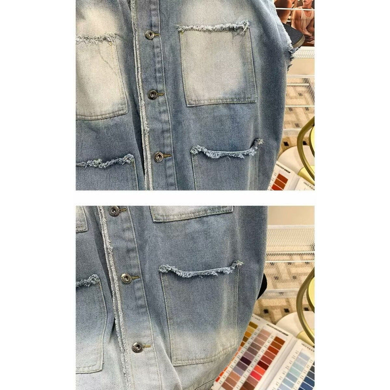 Herren Ärmellose Denim‑Weste im Vintage‑Used‑Look mit ausgefranster Saumkante und Ombre‑Fading Nord Taschen