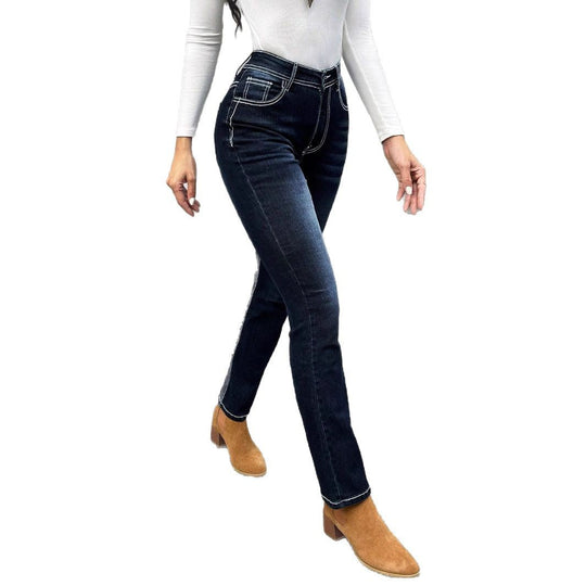 Damen Hochgeschnittene schmal geschnittene Straight-Jeans mit Kontrastnähten und leichtem Schlag Nord Taschen