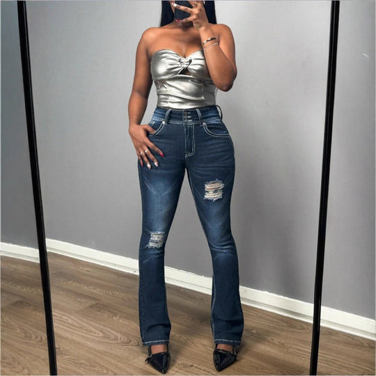 Damen Figurformende High-Waist Bootcut-Jeans mit dreifacher Knopfleiste und dezenter Destroyed-Optik Nord Taschen