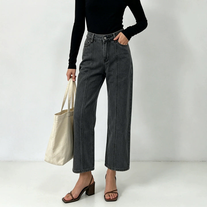 Damen hochtaillierte Jeans mit vertikaler Nahtpasse und weitem Bein Nord Taschen