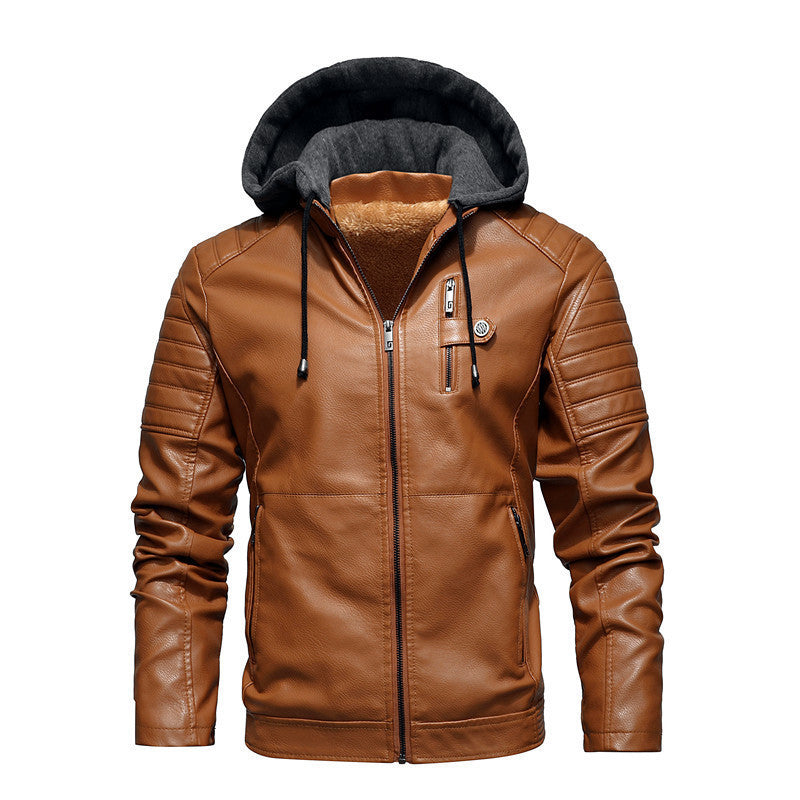 Herren Kunstleder-Hoodie-Blouson mit Teddyfutter, gesteppter Ärmelpasse und Kapuzenlayer Nord Taschen