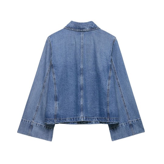 Damen Cropped Oversize-Jeansjacke mit großen aufgesetzten Taschen und sichtbarer Knopfleiste Nord Taschen