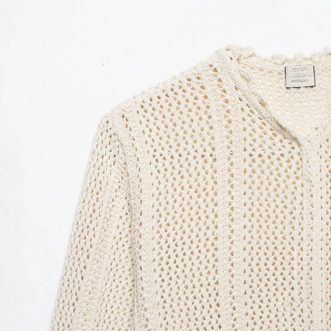 Damen Lockerer Häkelstrick-Cardigan mit feinem Lochmuster und Scallop-Saum Nord Taschen