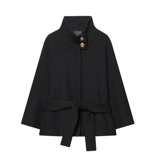 Damen Cape-Mantel mit Stehkragen, Bindegürtel und dekorativen Zierknöpfen Nord Taschen