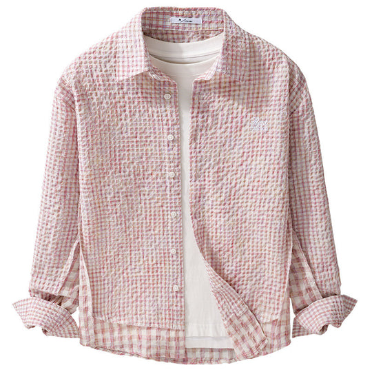 Damen Relaxed-Fit Crinkle-Hemdjacke mit feiner Gingham‑Webstruktur und dezenter Bruststickerei Nord Taschen