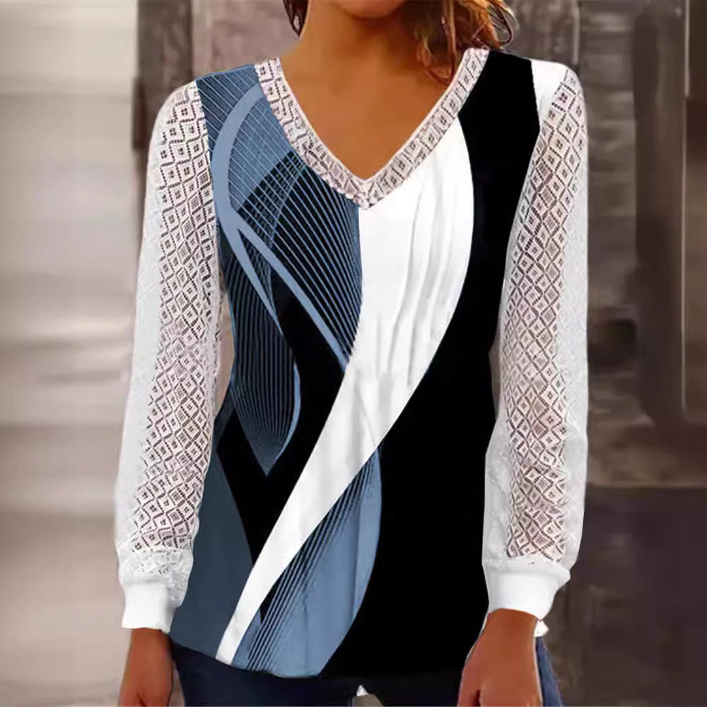 Damen V-Ausschnitt Bluse mit abstraktem Grafikprint und Spitzenärmeln Nord Taschen