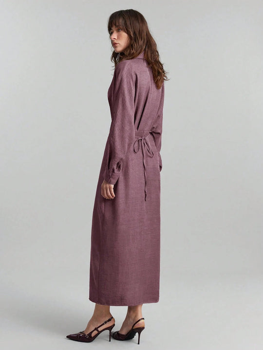 Damen Leinen-Maxikleid mit Hemdkragen, durchgehender Knopfleiste und Fledermausärmeln Nord Taschen