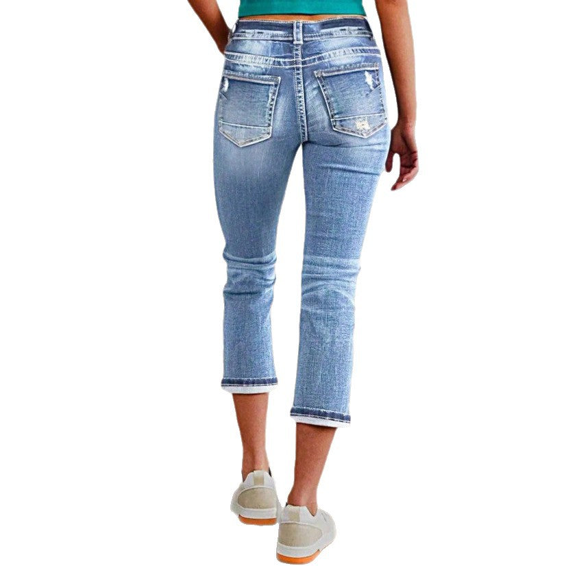 Damen Cropped-Jeans im Capri-Schnitt mit taillenhoher Passform und dezenter Used-Waschung Nord Taschen
