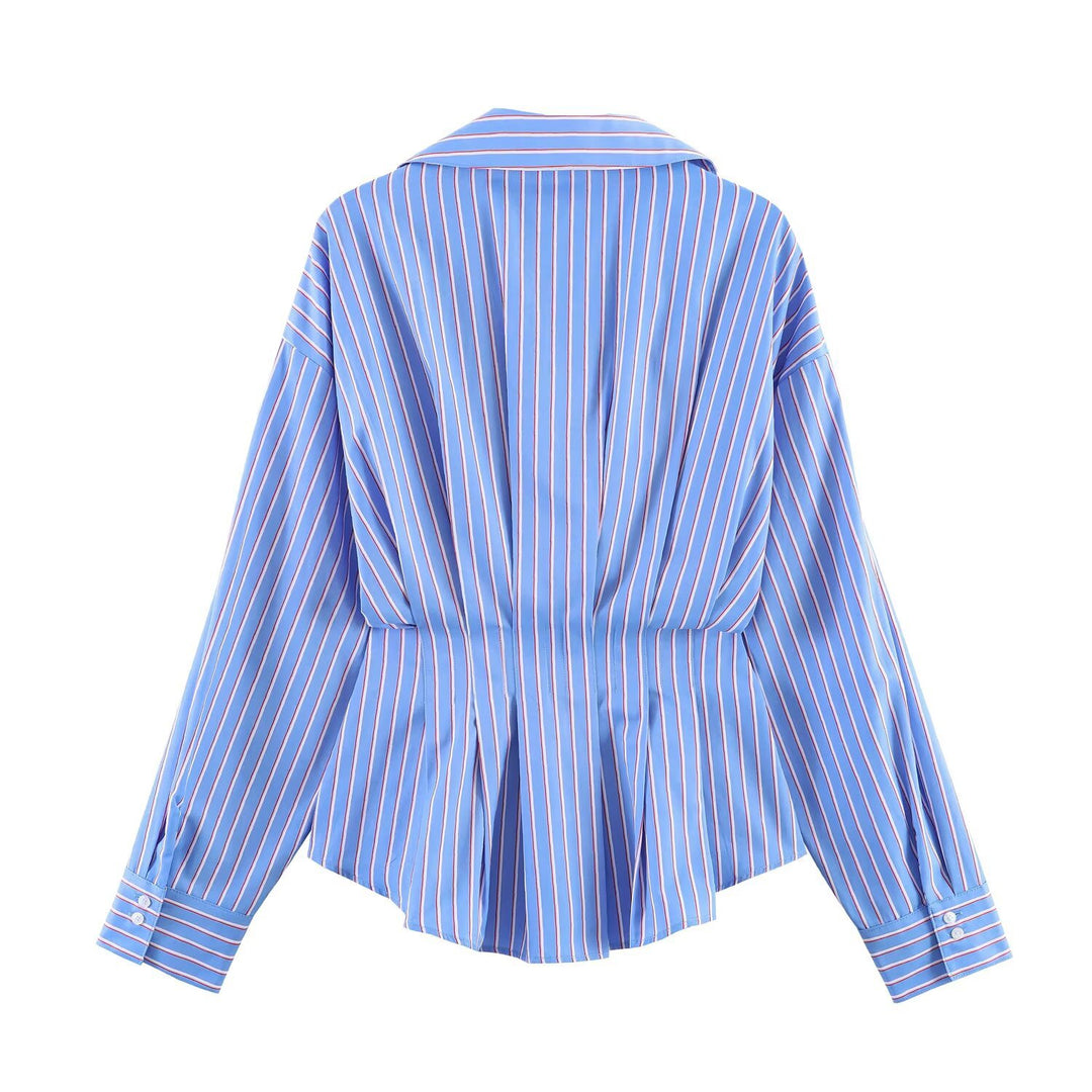 Damen Gestreifte Oversize-Bluse mit taillierenden Raffungen und Hemdkragen Nord Taschen
