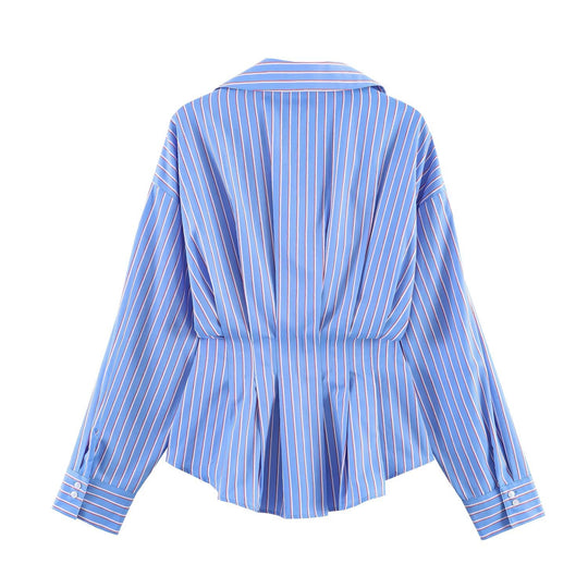 Damen Gestreifte Oversize-Bluse mit taillierenden Raffungen und Hemdkragen Nord Taschen