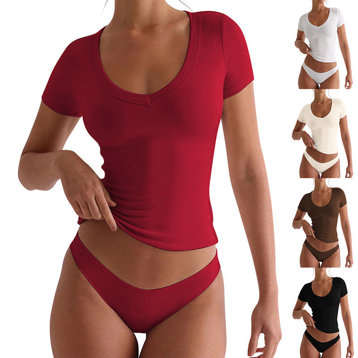 Damen figurbetontes V-Neck T-Shirt mit kurzen Ärmeln