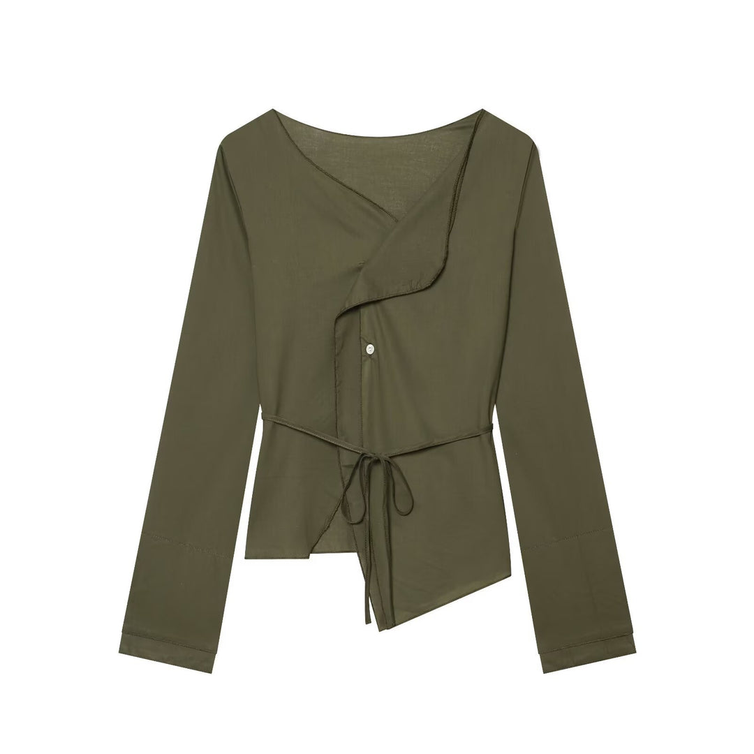 Damen Asymmetrische Wickelbluse mit Volantkante und Taillengürtel Nord Taschen