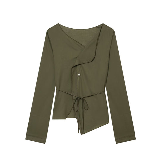 Damen Asymmetrische Wickelbluse mit Volantkante und Taillengürtel Nord Taschen