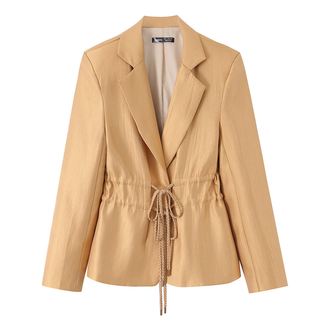 Damen Taillierter Satin-Blazer mit Tunnelzug, Reverskragen und legerer Silhouette Nord Taschen