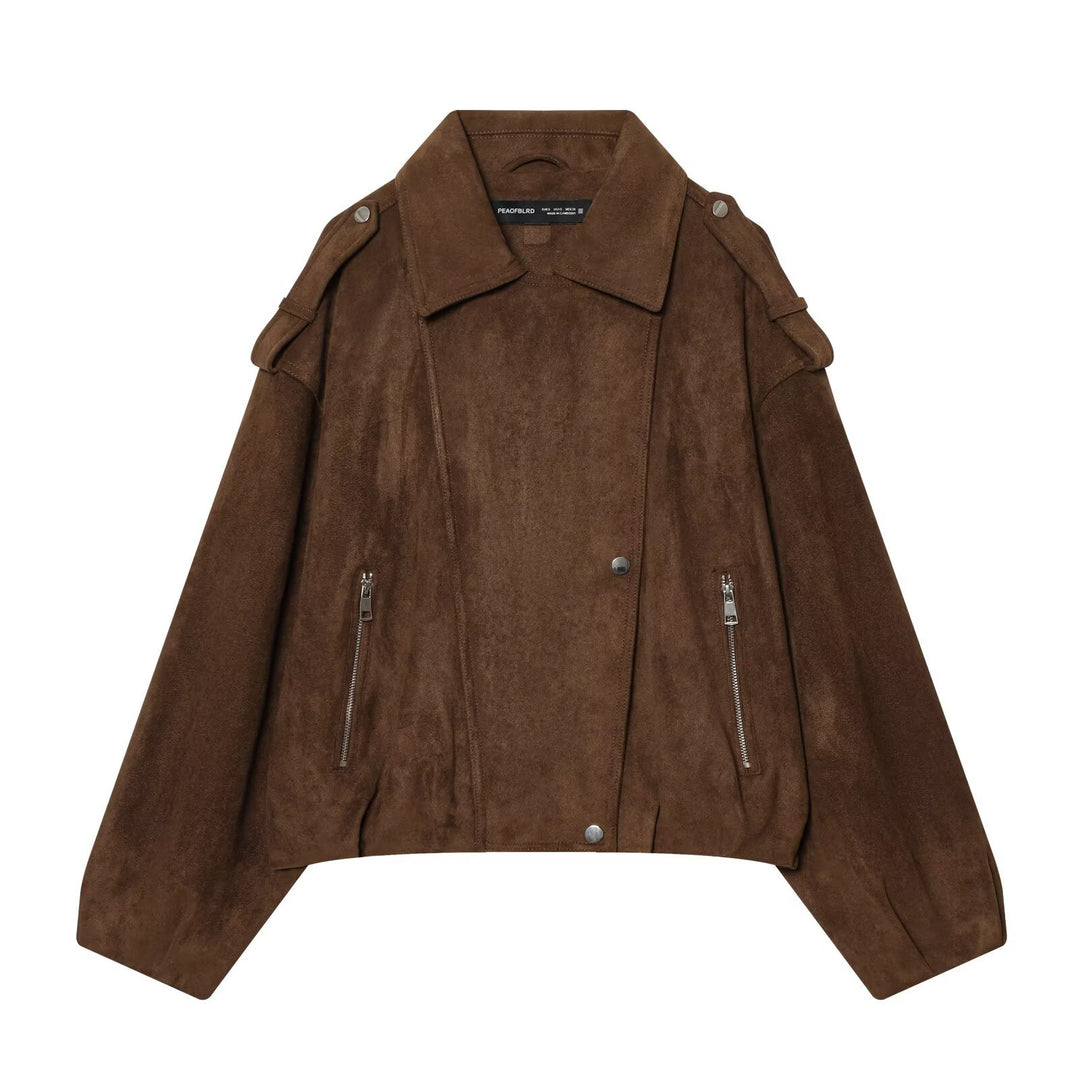 Damen Kurze Veloursleder-Bikerjacke mit Schulterklappen, Reißverschlusstaschen und kastiger Silhouette Nord Taschen