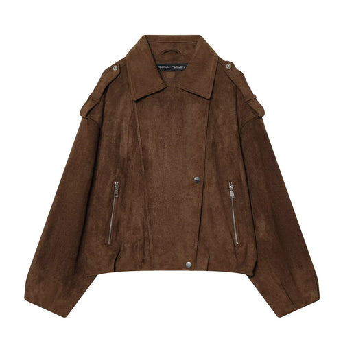 Damen Kurze Veloursleder-Bikerjacke mit Schulterklappen, Reißverschlusstaschen und kastiger Silhouette Nord Taschen