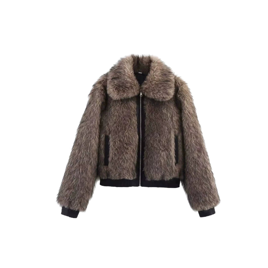 Damen Kurze Kunstpelz-Bomberjacke mit voluminösem Schalkragen und Reißverschluss Nord Taschen