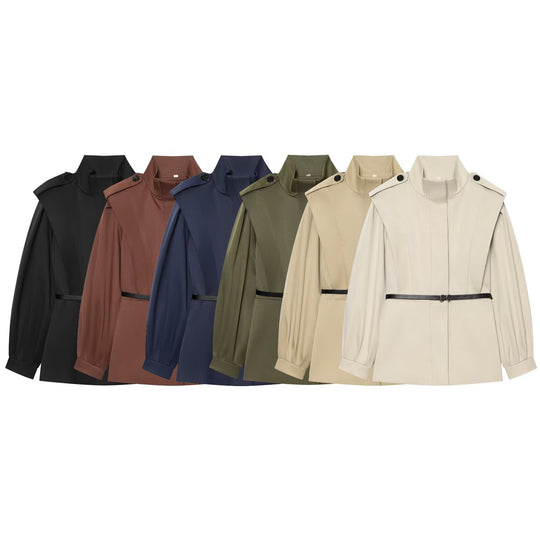 Damen Kurzer Cape‑Trenchcoat mit Stehkragen, Schulterpatten und Taillengürtel Nord Taschen
