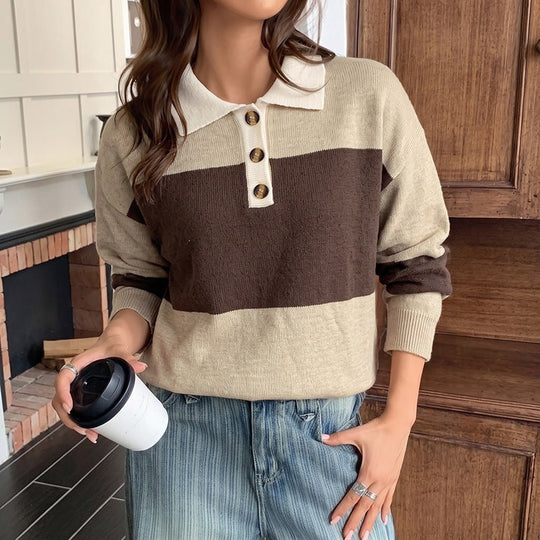 Damen Gestreifter Oversize-Polo-Strickpullover mit Knopfleiste und Rippsaum Nord Taschen